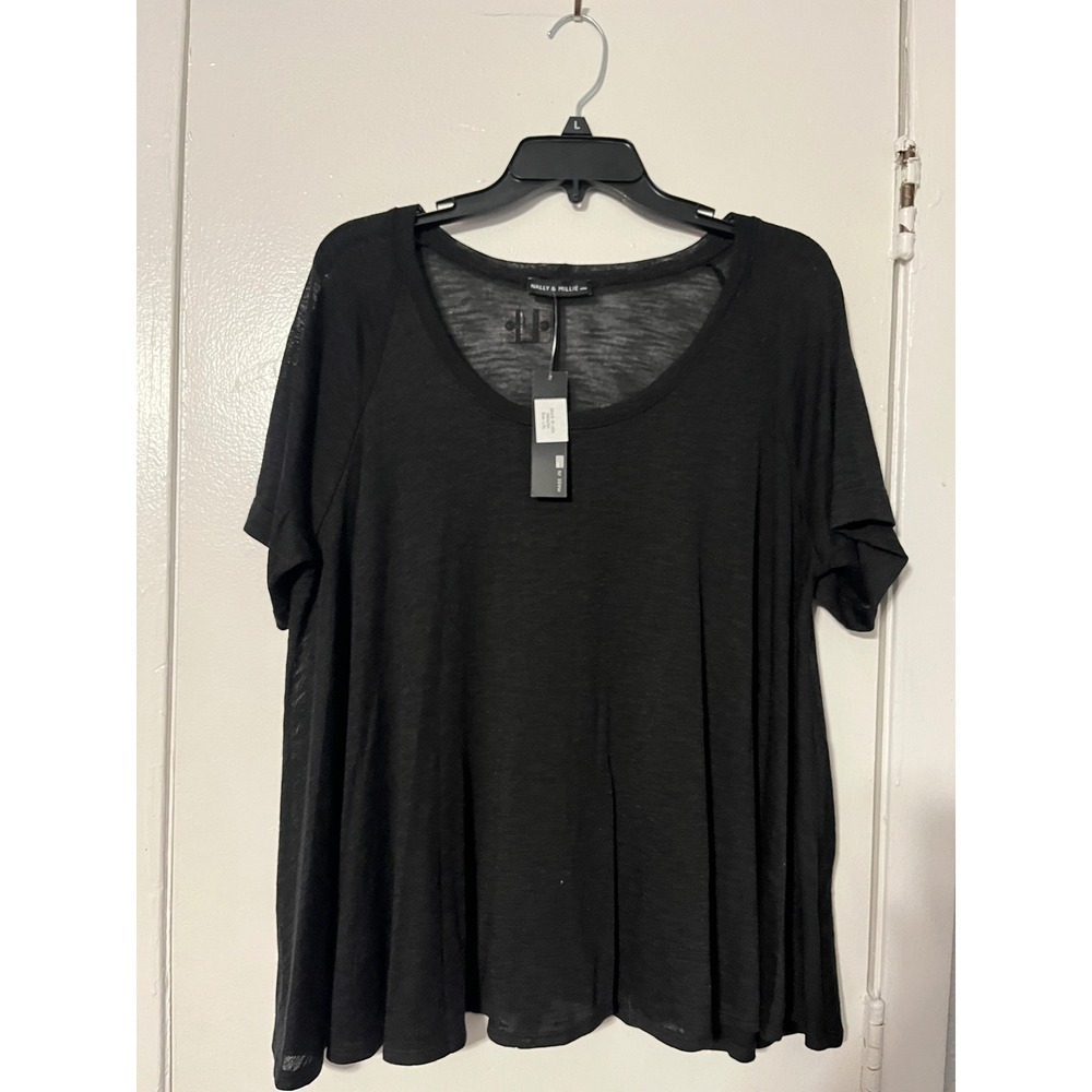 Nally & Millie Black Scoop Neck Short Sleeve Flowy Slub Knit‎ Top N805294 L/XL